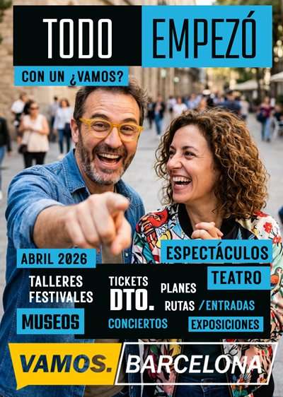 Promotional poster for Vamos Barcelona; a man and woman smiling, with blue/black labels for museums, concerts, theatre, exhibitions, and other events, April 2026.